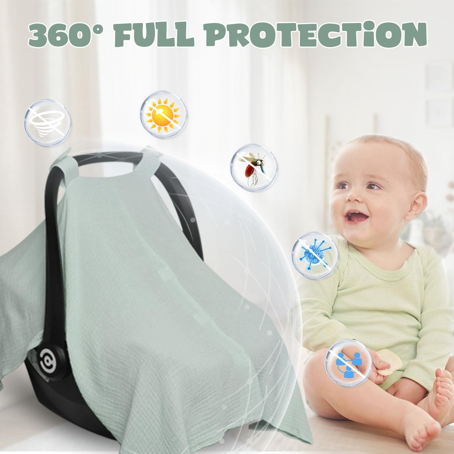 Muslin Car Seat Cover For Babies, Baby Carseat Cover For Boys Girls, Lightweight Infant Car Seat Canopy, Breathable Stroller Cov