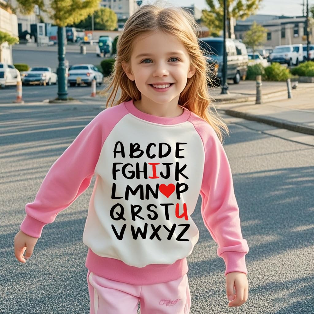 Aqylxlhh Kids Valentines Day Sweatshirt Toddler Girl 7T Abc I Love U Heart Graphic Shirt Little Boys Long Sleeve Pink Outfit Top