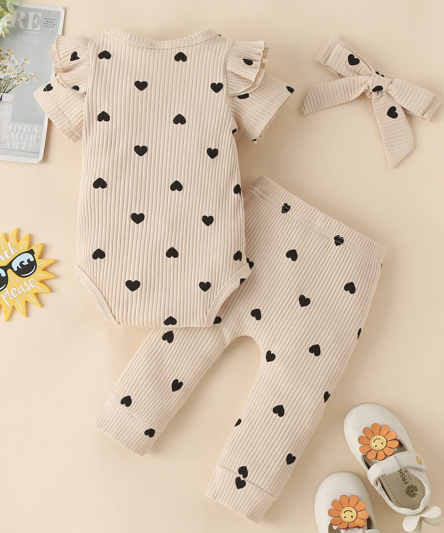Fullfamous Infant Baby Girl Clothes Outfits,Spring Summer Romper And Pant Set 6-9 Months Ecru Heart