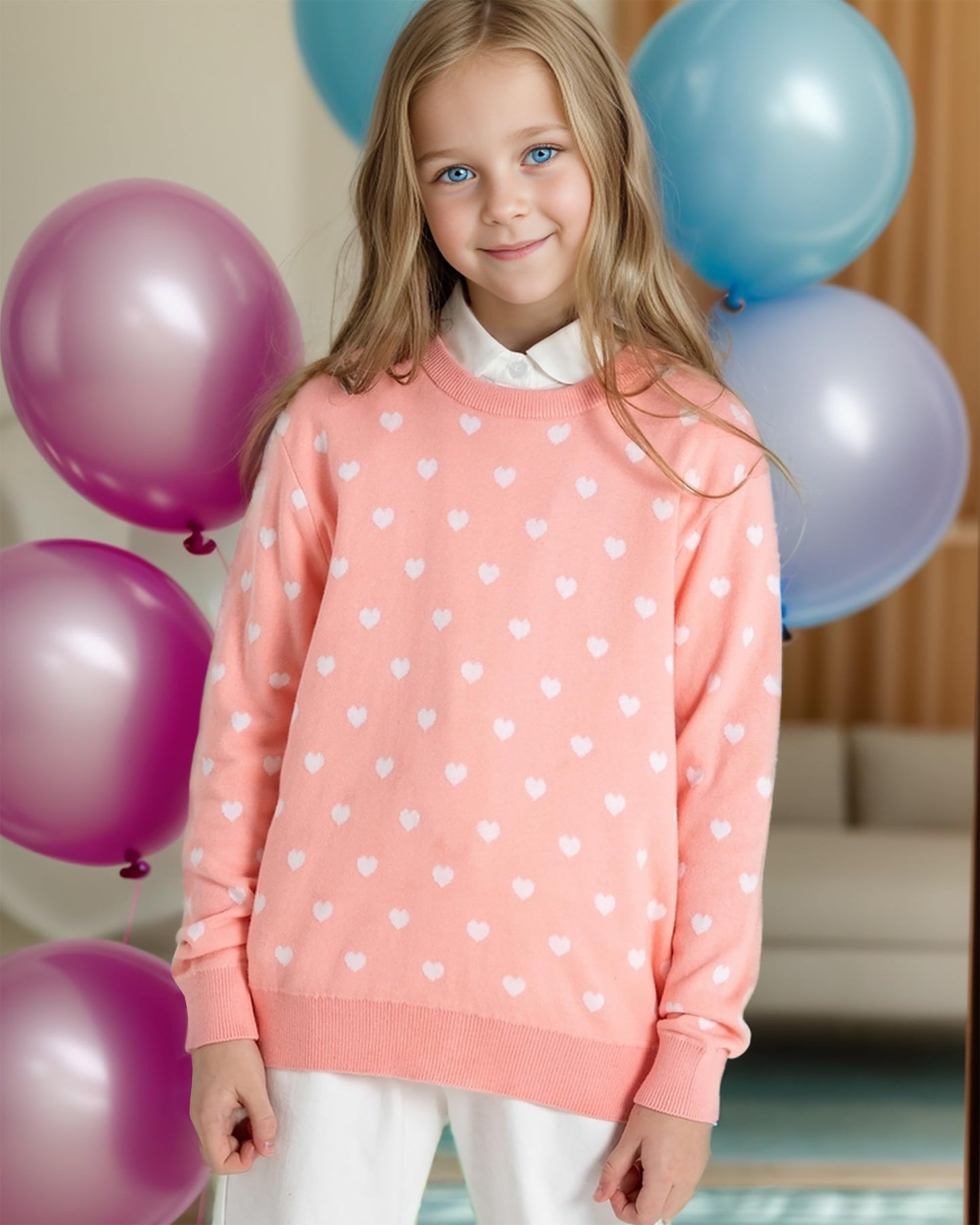Boboyoyo Girls Sweaters Cotton Kids Heart Sweater Valentine Holiday Pullover Teen Clothes Crew Neck Knit Top Long Sleeve Pink