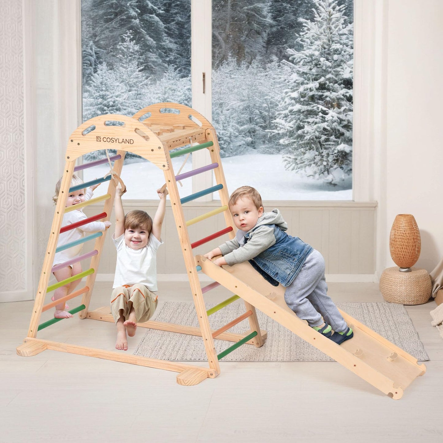 Cosyland Indoor Playground Jungle Gym Playset For Kids, 7 In 1 Climbing Toys For Toddlers With Slide And Beech Hanging Ring,Quic