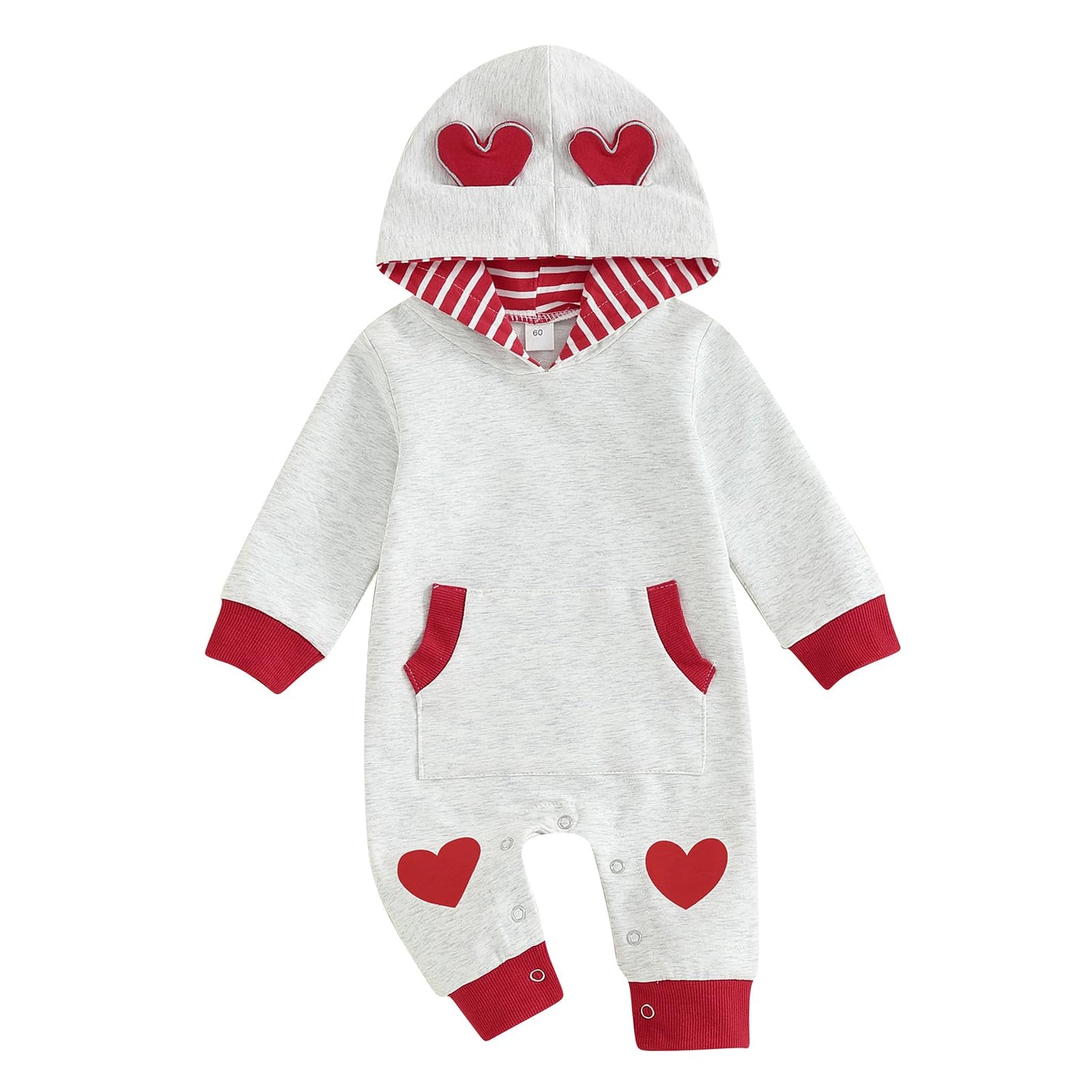 Bemeyourbbs Newborn Baby Boy Valentines Day Outfit Heart Pritn Long Sleeve Hooded Romper Jumpsuit Infant Winter Spring Clothes (