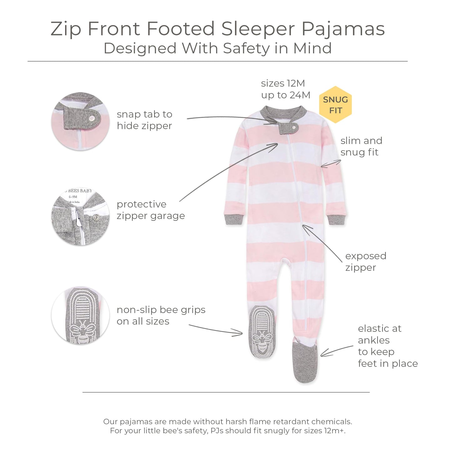 Burt'S Bees Baby Baby Girls Sleeper Pajamas, Zip Front Non-Slip Footed Sleeper Pjs, 100% Organic Cotton