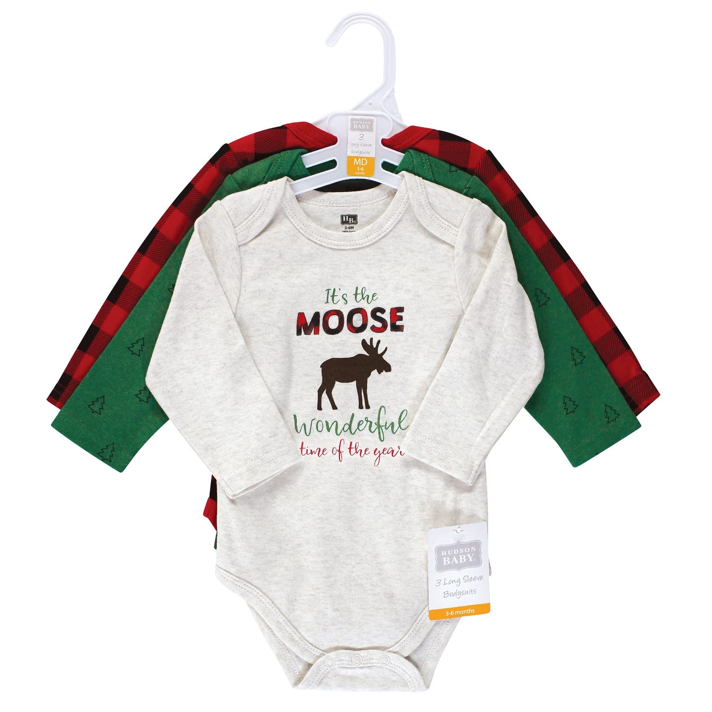 Hudson Baby Unisex Baby Cotton Long-Sleeve Bodysuits Moose Wonderful Time, 9-12 Months
