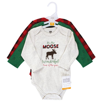 Hudson Baby Unisex Baby Cotton Long-Sleeve Bodysuits Moose Wonderful Time, 9-12 Months