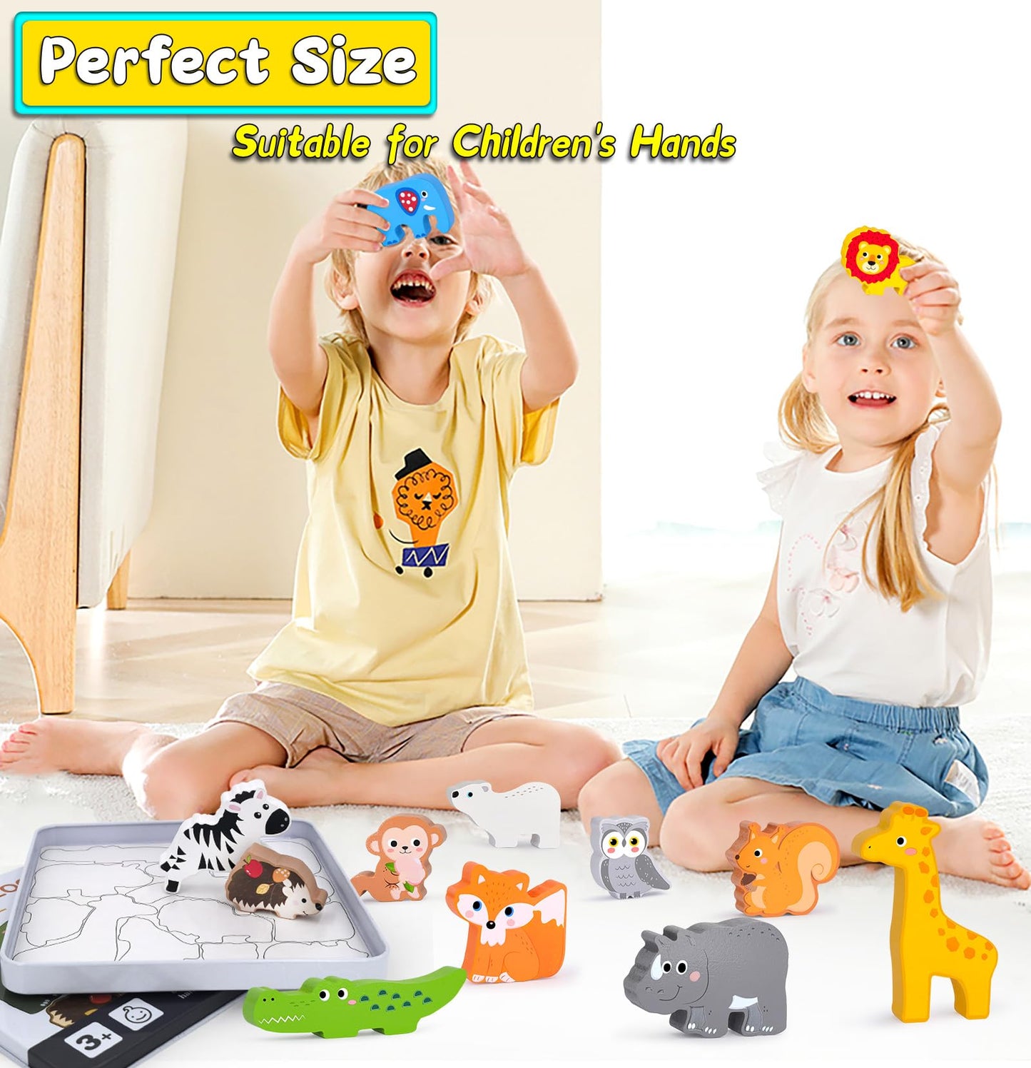 Wooden Animal Puzzles Toys for Toddlers,24 Pcs Farm and Safari Animal Figures,Animal Matching Sorting Stacking Toys for Boys Chi