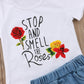 Toddler Baby Girls Smell The Rose T Shirttops + Denim Skirts Clothing Outfit Set (5-6Years, White)