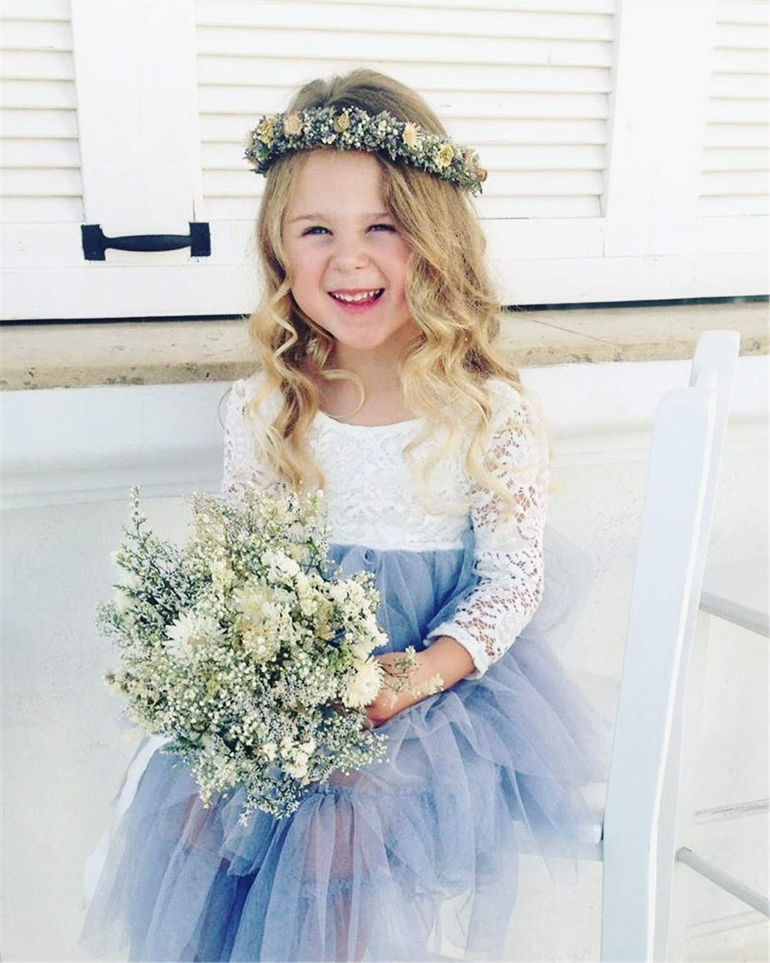 2Bunnies Girl Peony Lace Back A-Line Tiered Tutu Tulle Flower Girl Dress (Gray Sleeve Short, 3T)