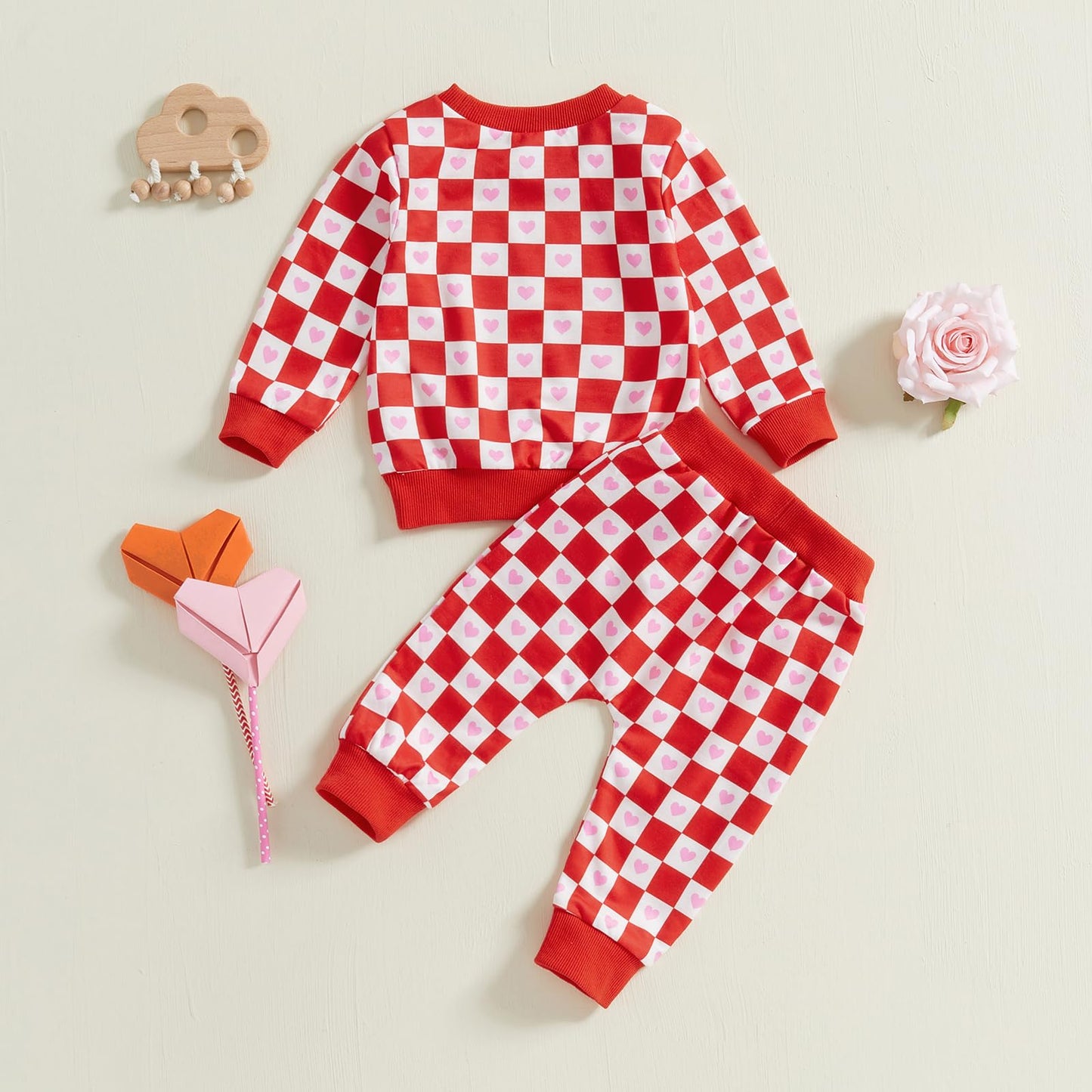 Coorally Toddlers Two-Piece Valentine'S Day Outfits Baby Boy Girl Long-Sleeve Crewneck Printed Sweatshirt And Pants Sets (Red Pl