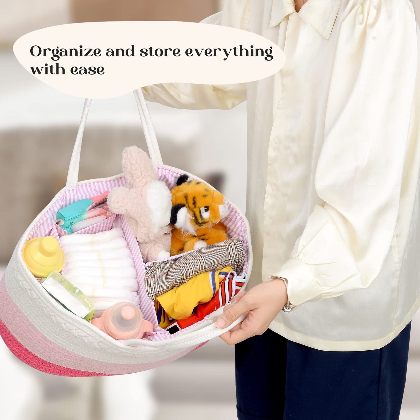 Baby Diaper Caddy Organizer, Extra Large Cotton Rope Nursery Diaper Basket, Changing Table Organizer, Portable Tote Bag With Div