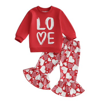 Engofs Toddler Baby Girl Valentines Day Outfit Long Sleeve Letter Print Sweatshirt Flared Pants Set (V4 Red Heart, 12-18 Months)