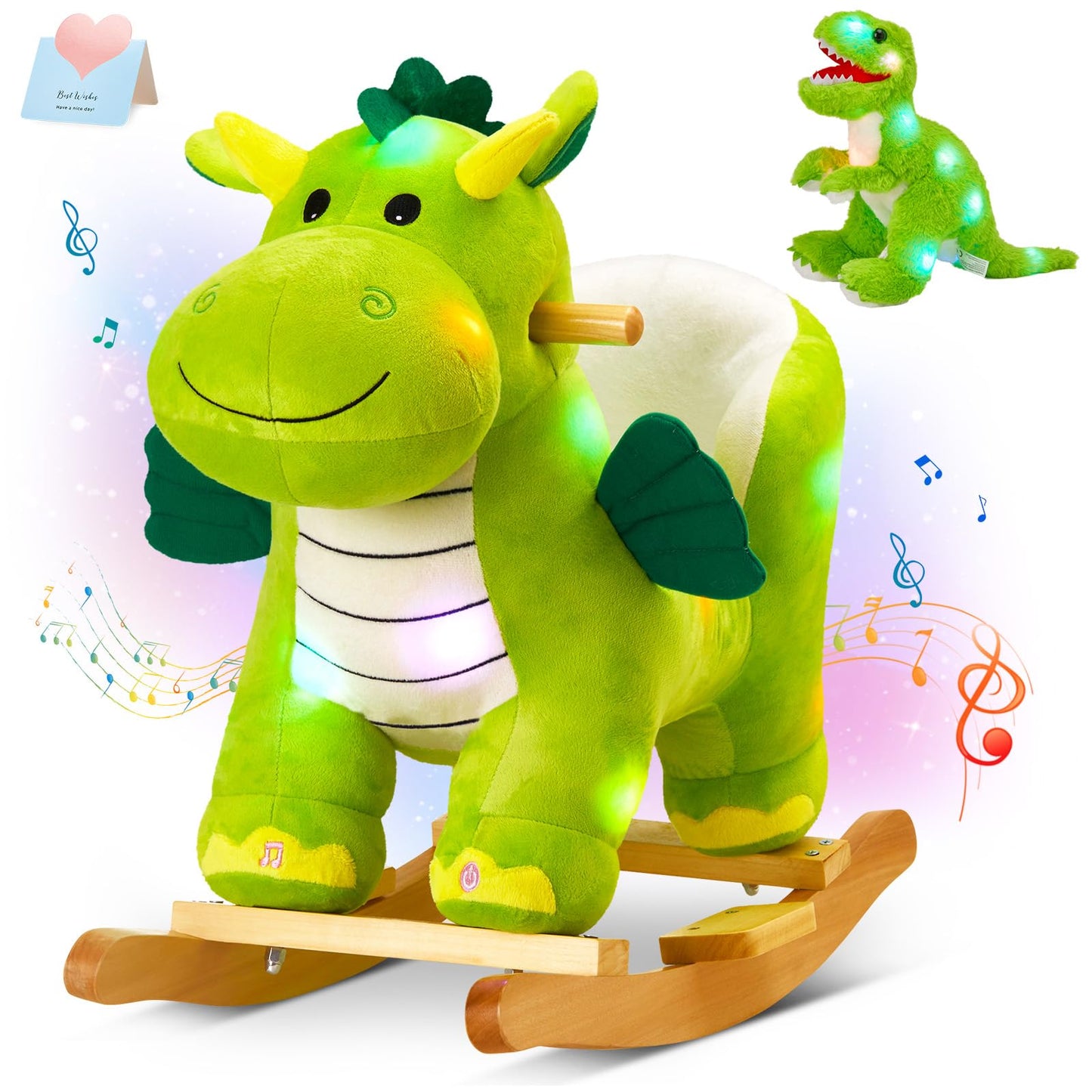 Glow Guards Light Up Musical Dinosaur Baby Rocking Horse Set of 2 with Safety Belt Dinosaur Rocker Baby Rocking Chair for Toddle