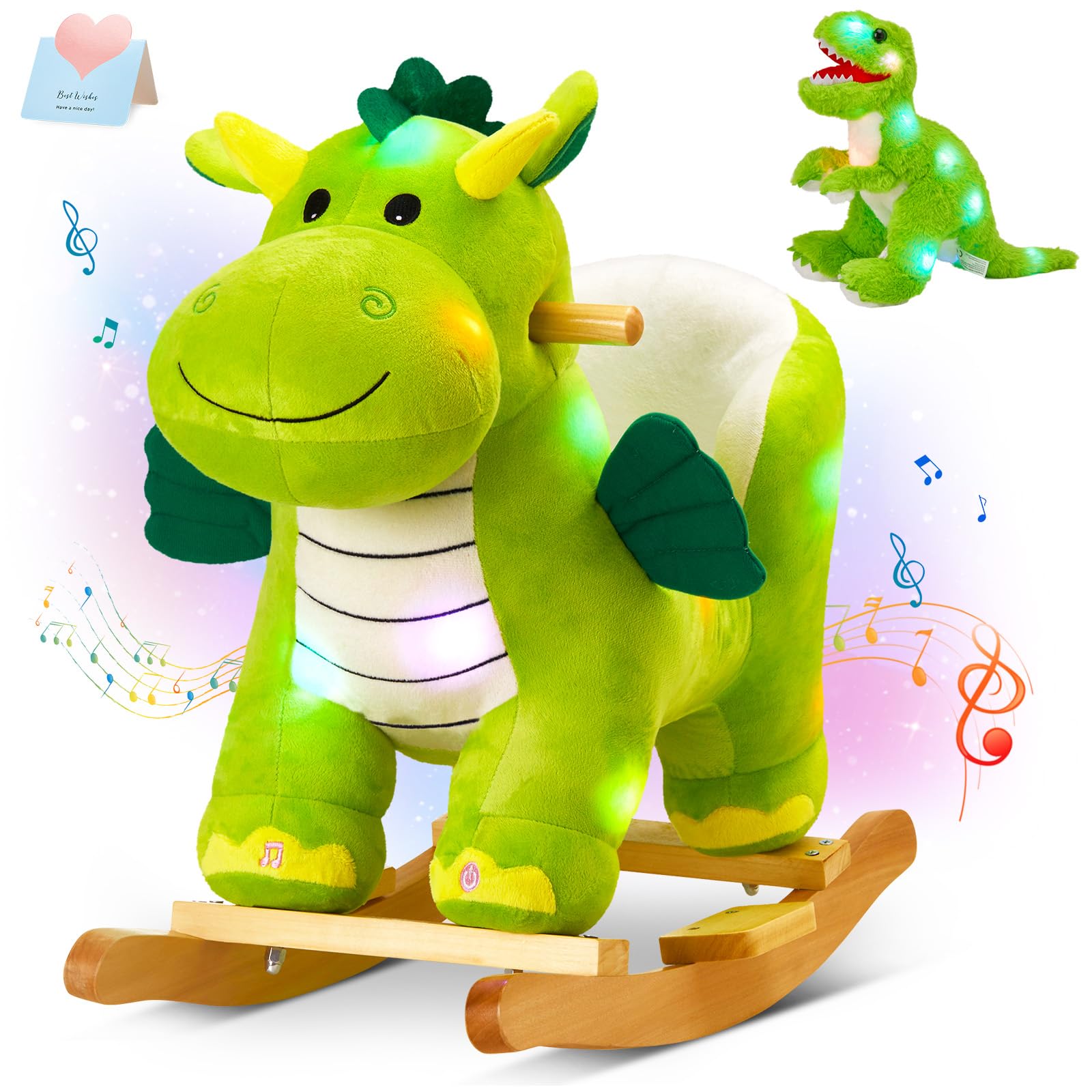 Glow Guards Light Up Musical Dinosaur Baby Rocking Horse Set of 2 with Safety Belt Dinosaur Rocker Baby Rocking Chair for Toddle