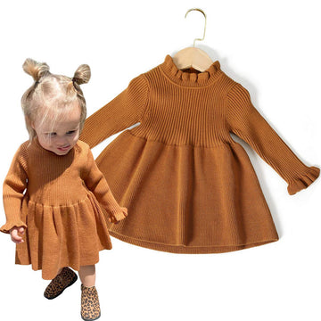 Simplee Kids Little Girls' Long Sleeve Girl Dresses And Rompers Ribbed Knit Sweater Dress Brown For 6 Months