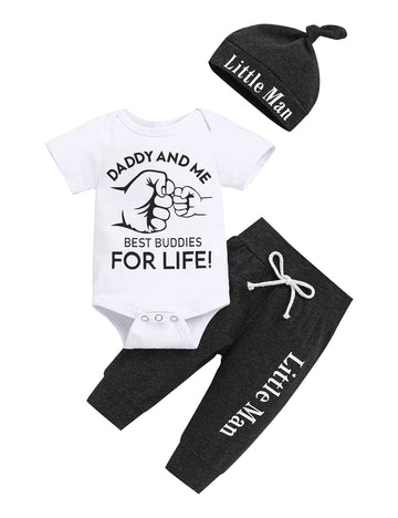 Tuemos Baby Boy Clothes Daddy And Me The Best Buddies For Life Letter Print Romper Top+Pant With Hat Baby Boy Summer Outfits 0-3