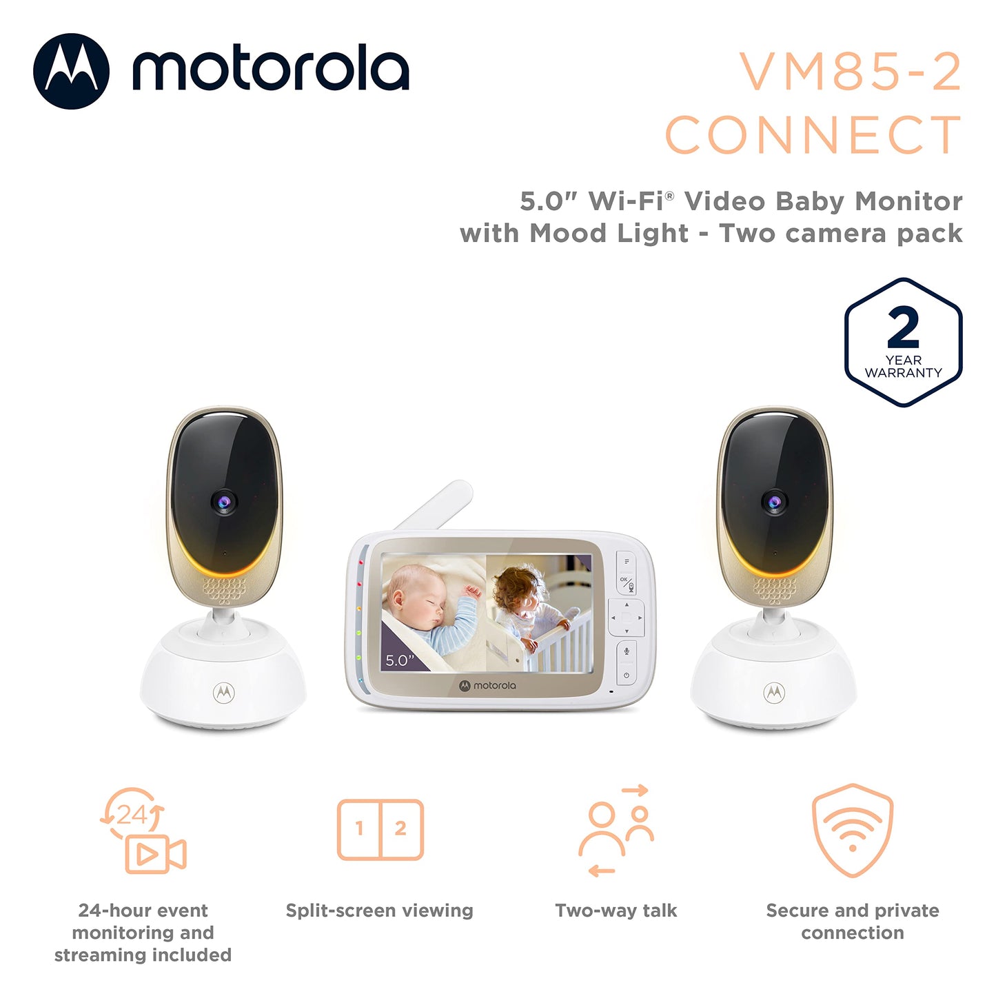 Motorola Baby Monitor VM85-5 WiFi Video Baby Monitor with 2 Cameras & Mood Light - Connects to Nursery App, 1000ft Range, Two-Wa