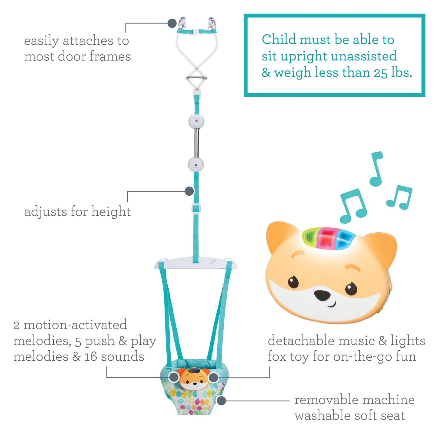 Infantino 2-In-1 Music & Lights Doorway Jumper - Engaging Activity Jumper With Motion-Activated Sounds For Babies, Fox