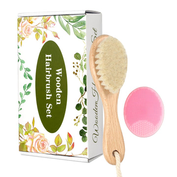 Wooden Soft Goat Bristles Brush With Baby Silicone Hair Scrubber Cradle Cap Brush For Newborn, Toddler, Infant, Baby Hair Care K