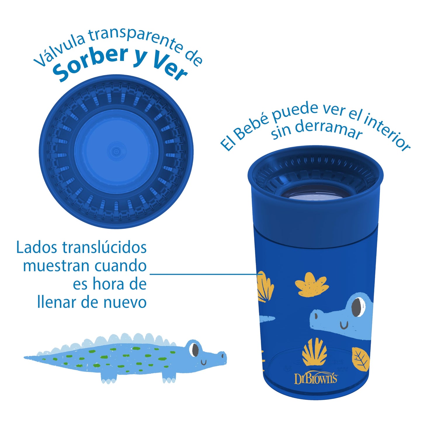 Dr. Browns Milestones Cheers 360 Cup Spoutless Transition Cup, Travel Friendly & Leak-Free Sippy Cup, Blue Alligator, 10 Oz/300