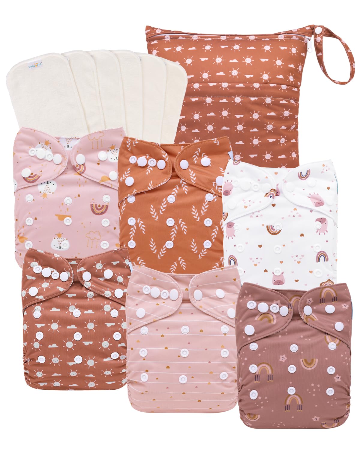 babygoal AWJ Cloth Diapers with Tummy Panel Pack of 13, 6 Diaper Cover with 6 Inserts and Wet Dry Bag, Adjustable Washable Reusa