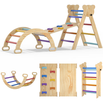 Cmfydaily 5 In 1 Pikler Triangle Set, Foldable Baby Climbing Gym Indoor Montessori Climbing Set Wooden Toddler Climbing Toys Wit