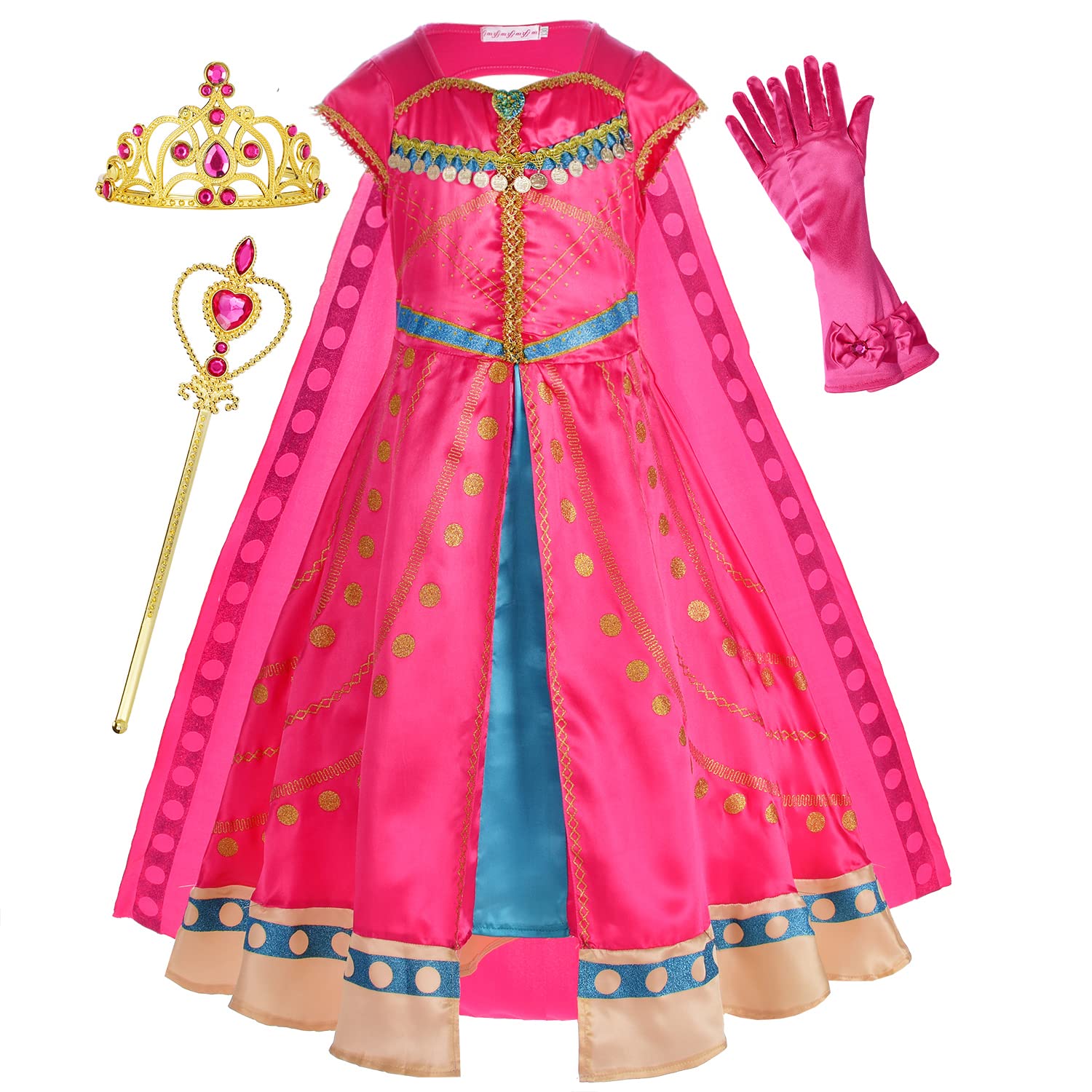 Princess Jasmine Costume Dress Up Clothes Fancy Arabian Outfit Attire With Cape Tiara Wand Gloves Accessories Set For Little Tod