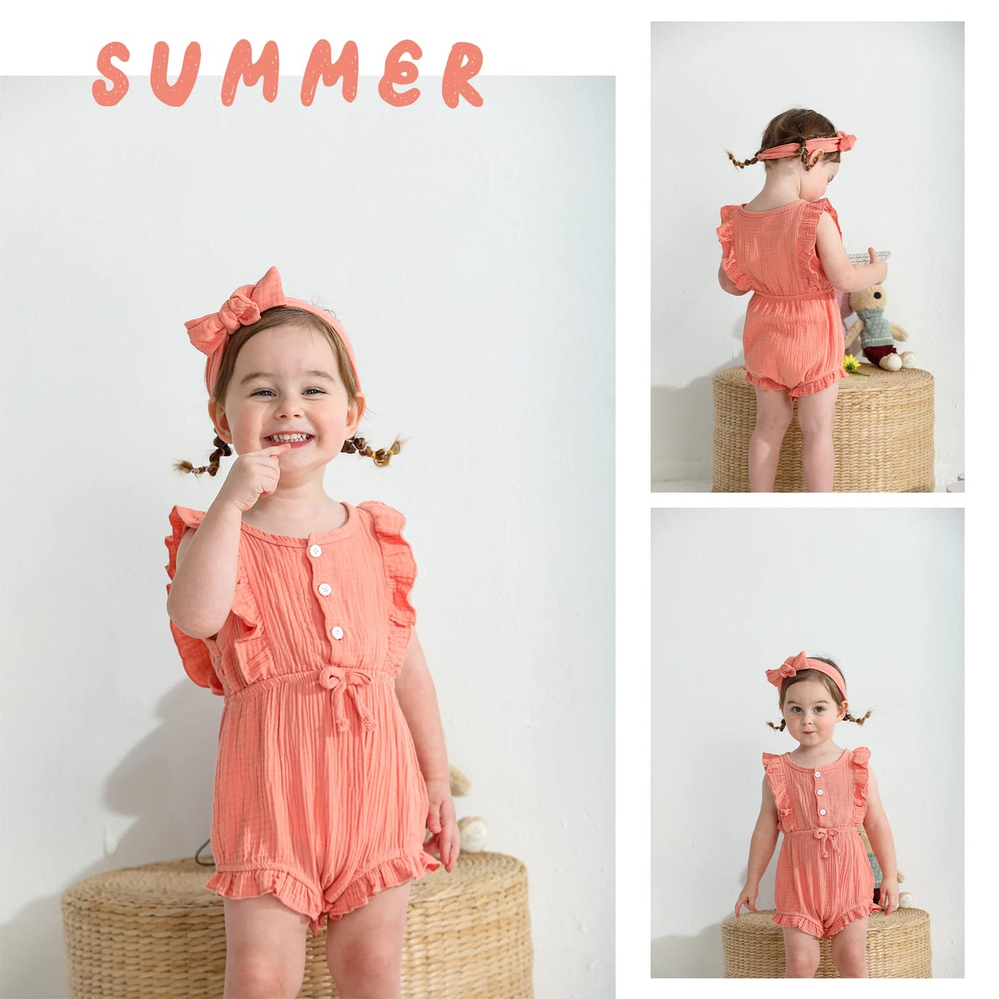 Younger Tree Toddler Baby Girl Ruffled Sleeveless Romper Casual Summer Jumpsuit Cotton Linen Clothes (Button-Pink, 0-3 Months)