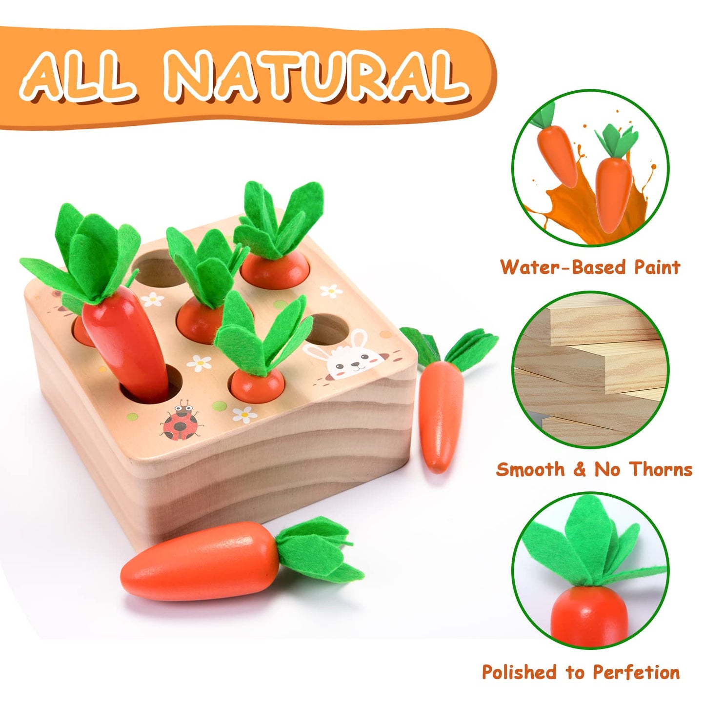 Montessori Toys for 1 Year Old, Carrots Harvest Wooden Baby Toys for 6-12 Months Educational Shape Sorting Matching Toys for Tod