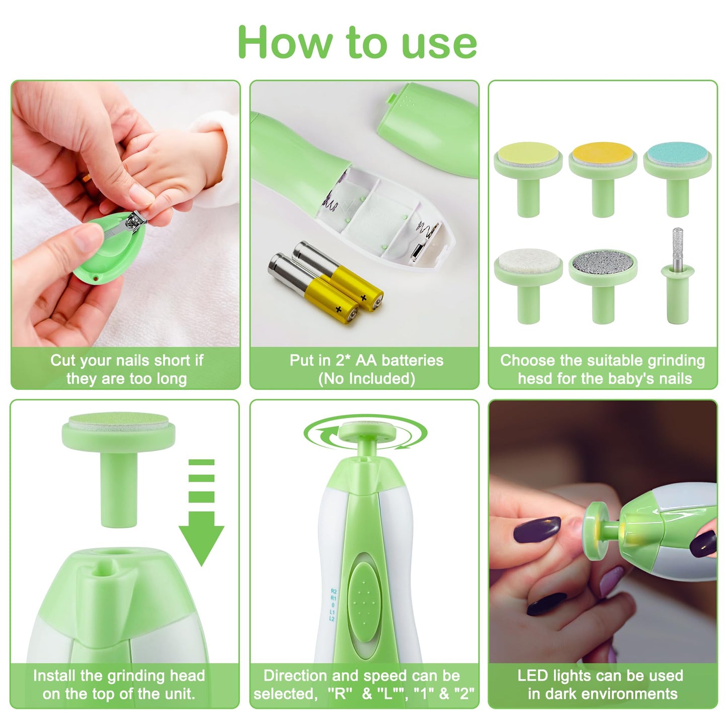 Ottolives Baby Nail Trimmer Electric Newborn Toddler, Safe Baby Nail Clippers Set With Light And 6 Replacement Heads, Baby Nail