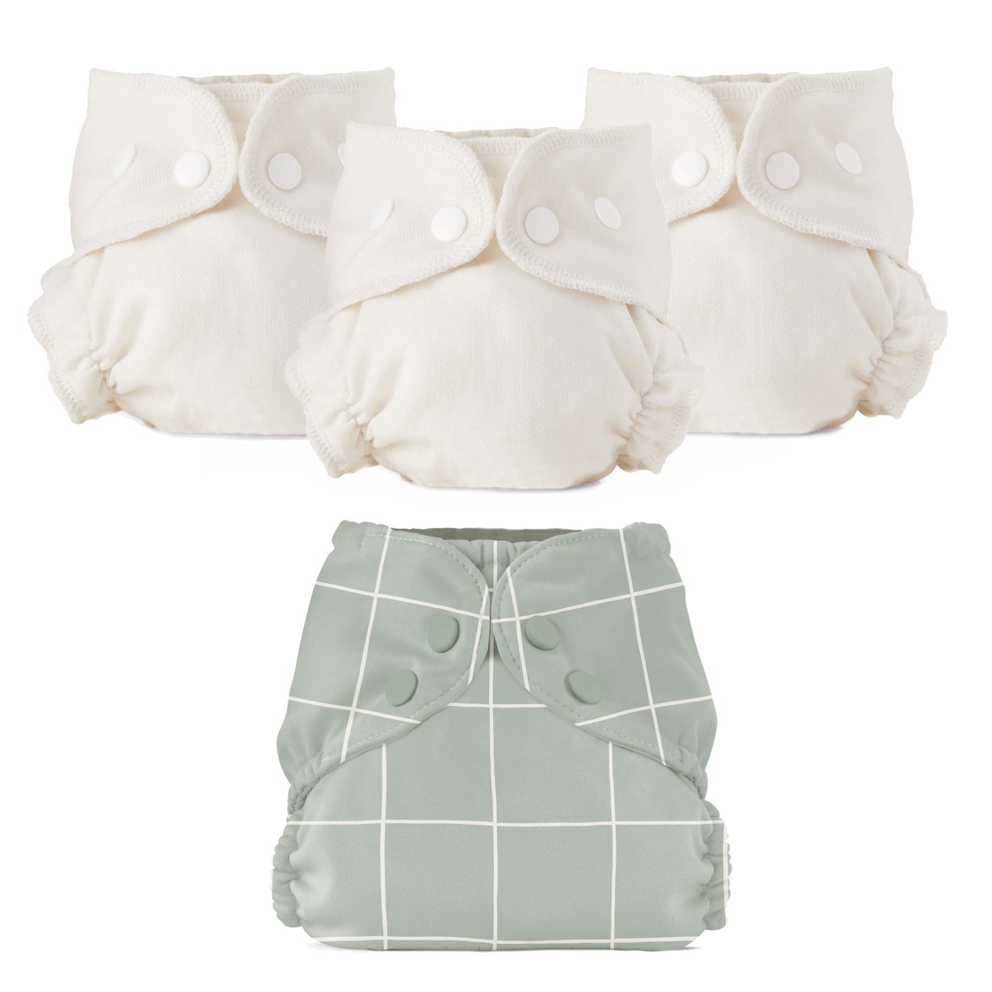 Esembly Cloth Diaper Bundle Set - 3 Organic Cotton Absorbent Inners and 1 Waterproof Outer Diaper Cover - Reusable, Washable, Sn