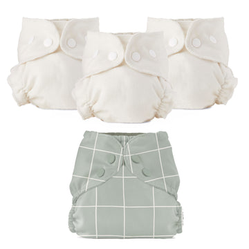 Esembly Cloth Diaper Bundle Set - 3 Organic Cotton Absorbent Inners and 1 Waterproof Outer Diaper Cover - Reusable, Washable, Sn