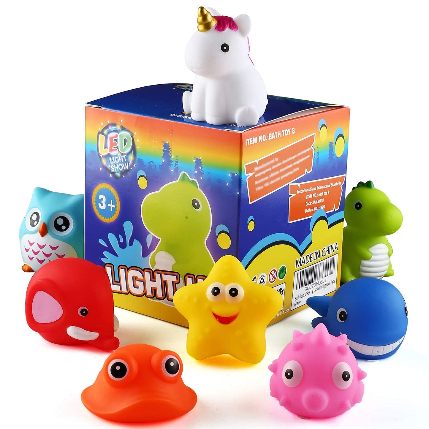 Bath Toys, 8 Pcs Light Up Floating Rubber Animal Toys Set, Flashing Color Changing Light in Water, Baby Infants Kids Toddler Chi
