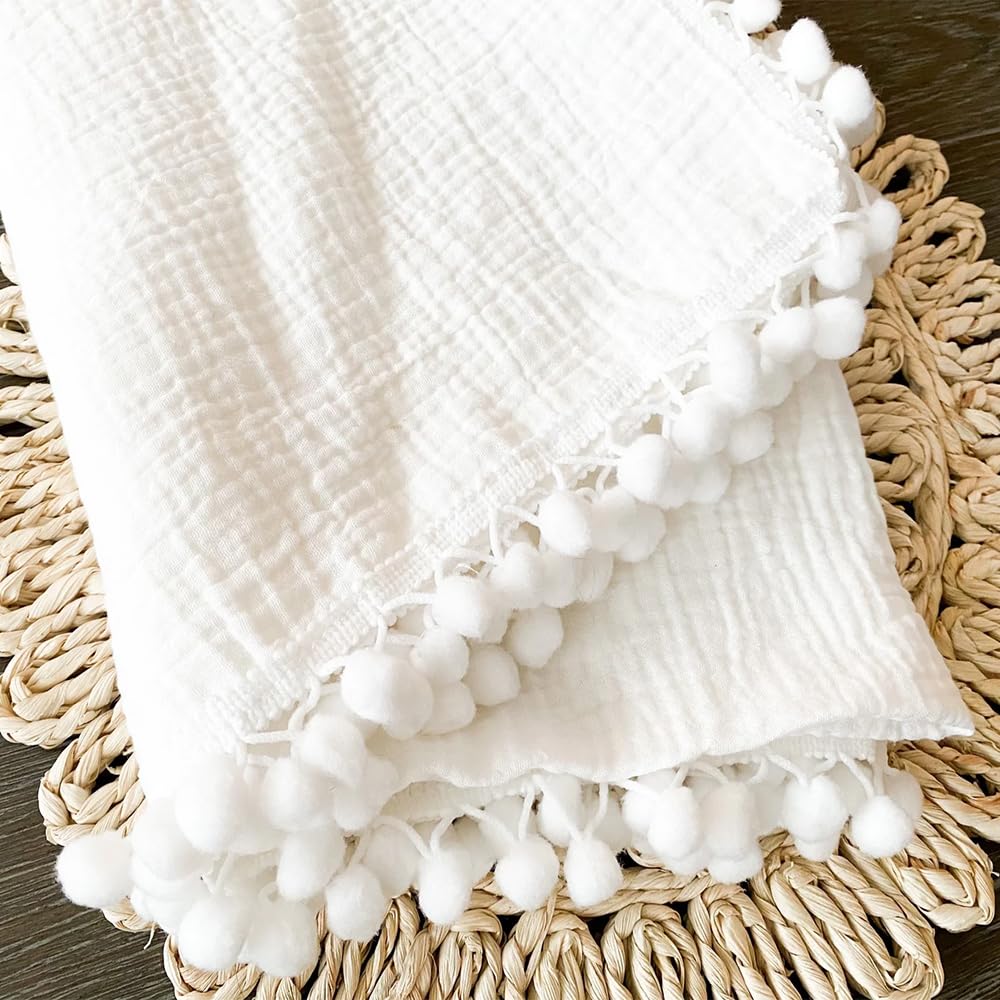 Bird Wing | White Swaddle Muslin Blanket with Pom Pom All Around,Newborn Baby Wrap, Cute Pom Pom Blanket for Infants. | Size : 1
