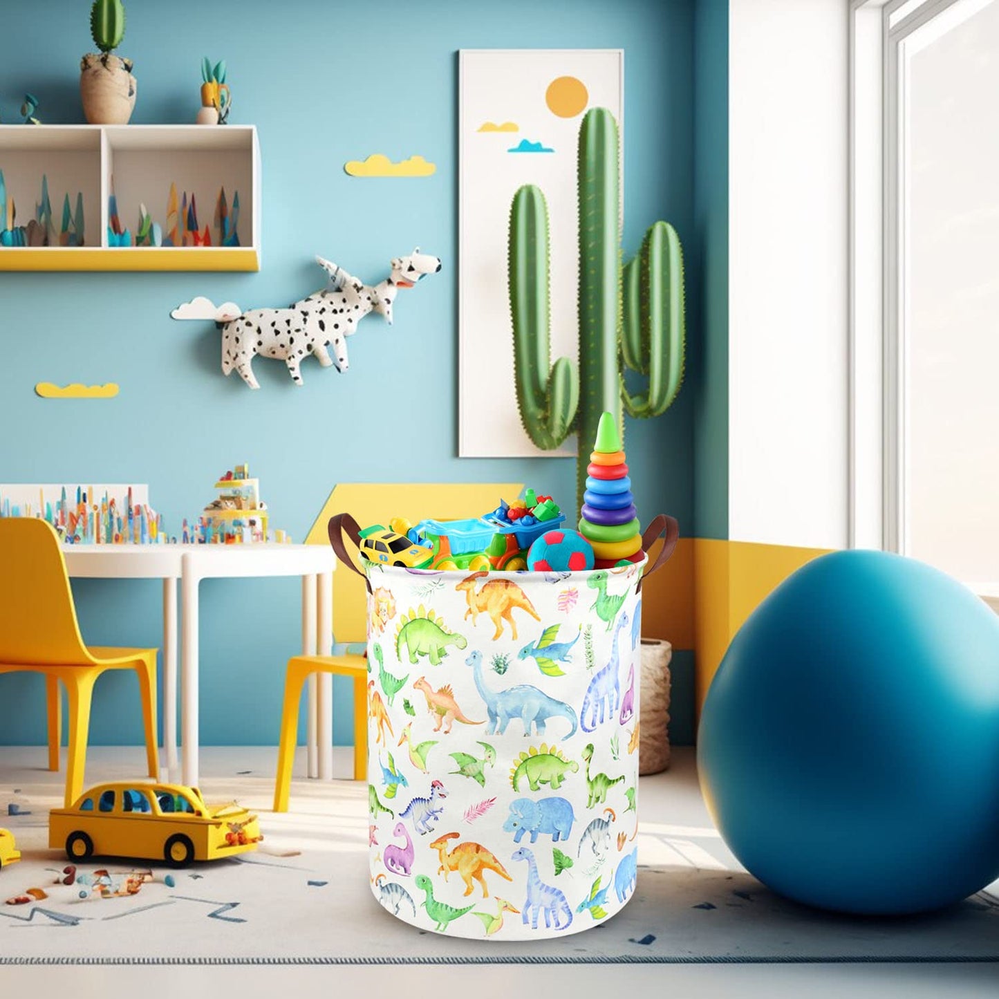 Fxocshe Large Storage Basket,Dinosaur Baby Hamper,Collapsible Canvas Waterproof Coating Boys Hamper For Storage Bin Toy Bins,Kid