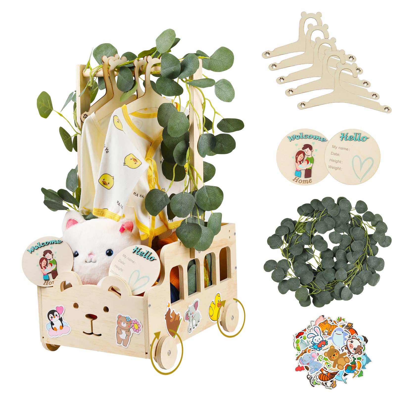 Wooden Baby Shower Crate Closet with Wheels & Handle, Baby Shower Basket with Hanger Rack, Personalized Gifts with Announcement 