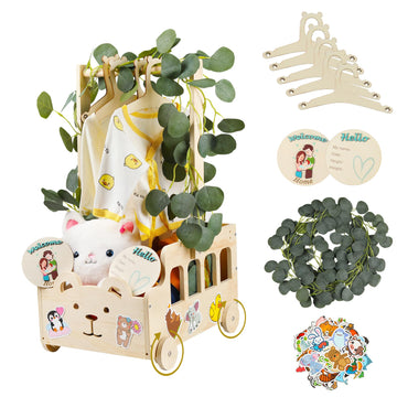 Wooden Baby Shower Crate Closet with Wheels & Handle, Baby Shower Basket with Hanger Rack, Personalized Gifts with Announcement 