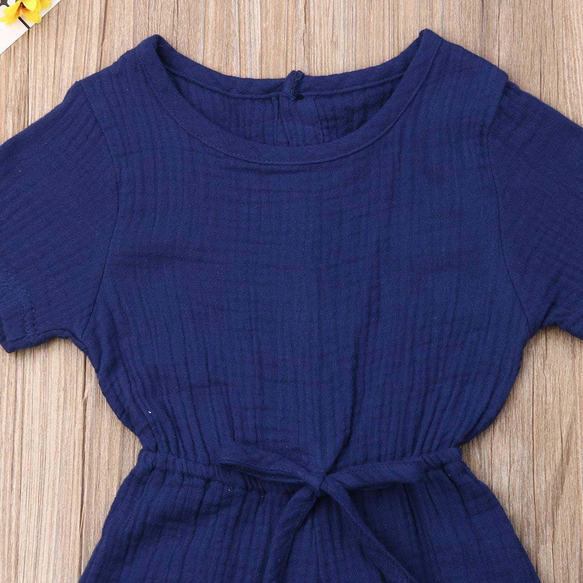 Mubineo Toddler Baby Girl Summer Fall Basic Plain Short Sleeve Cotton Linen Drawstring Romper Jumpsuit (Royal Blue, 12-18 Months