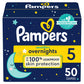 Pampers Overnight Diapers - Swaddlers Overnights - Size 5, 50 Count, Disposable Baby Diaper, Night Time Leak And Skin Protection