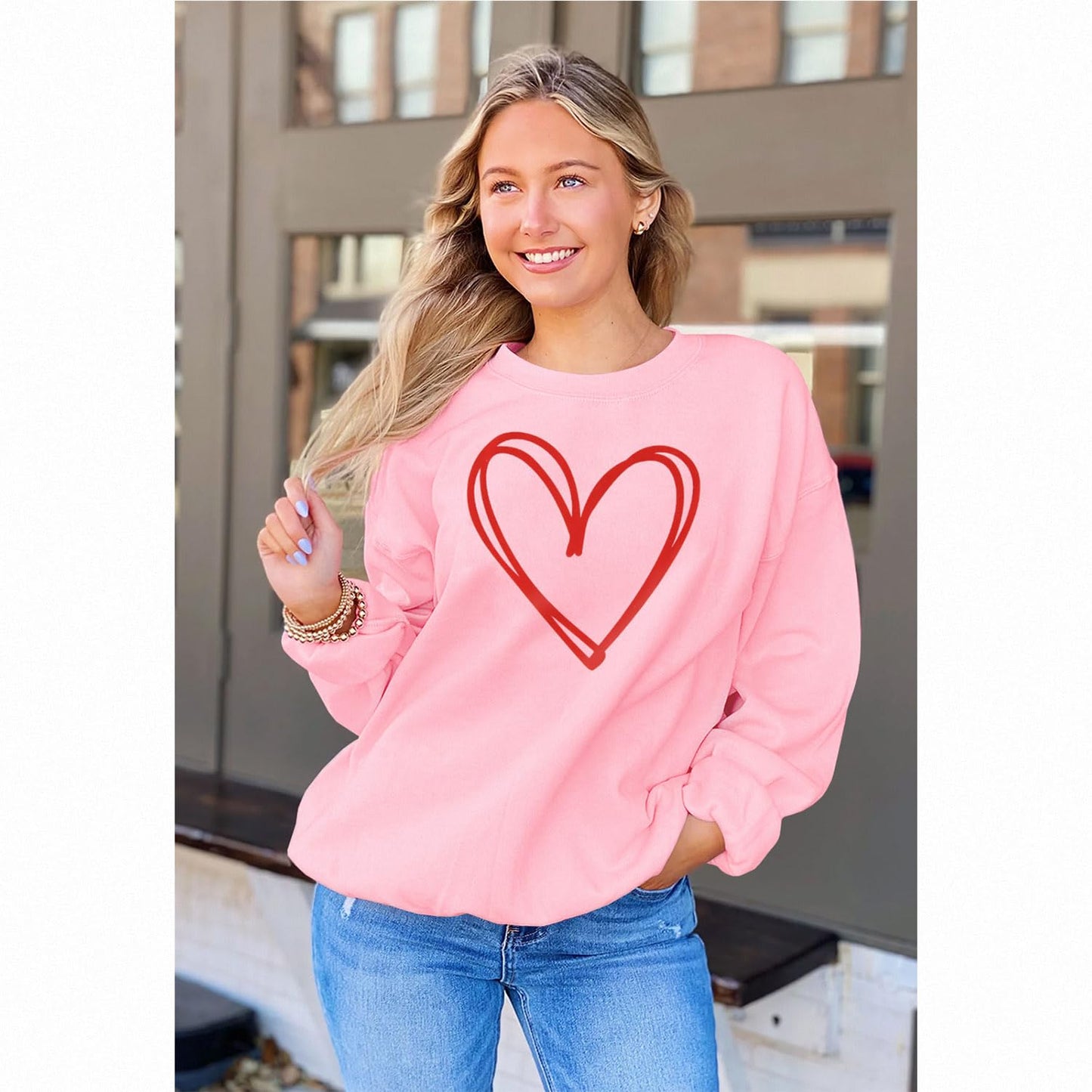 Mommy And Me Valentine'S Day Sweatshirt Love Heart Graphic Family Matching Pullover Casual Long Sleeve Shirt Tops (Mom-Pink, X-L