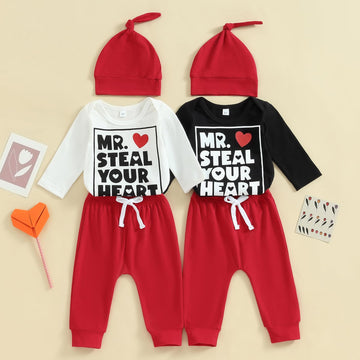 Fybitbo My First Valentines Day Baby Boy Outfits Newborn Infant Romper Onesie Heart Red Pants Hat Long Sleeve Clothes Set (Mr St