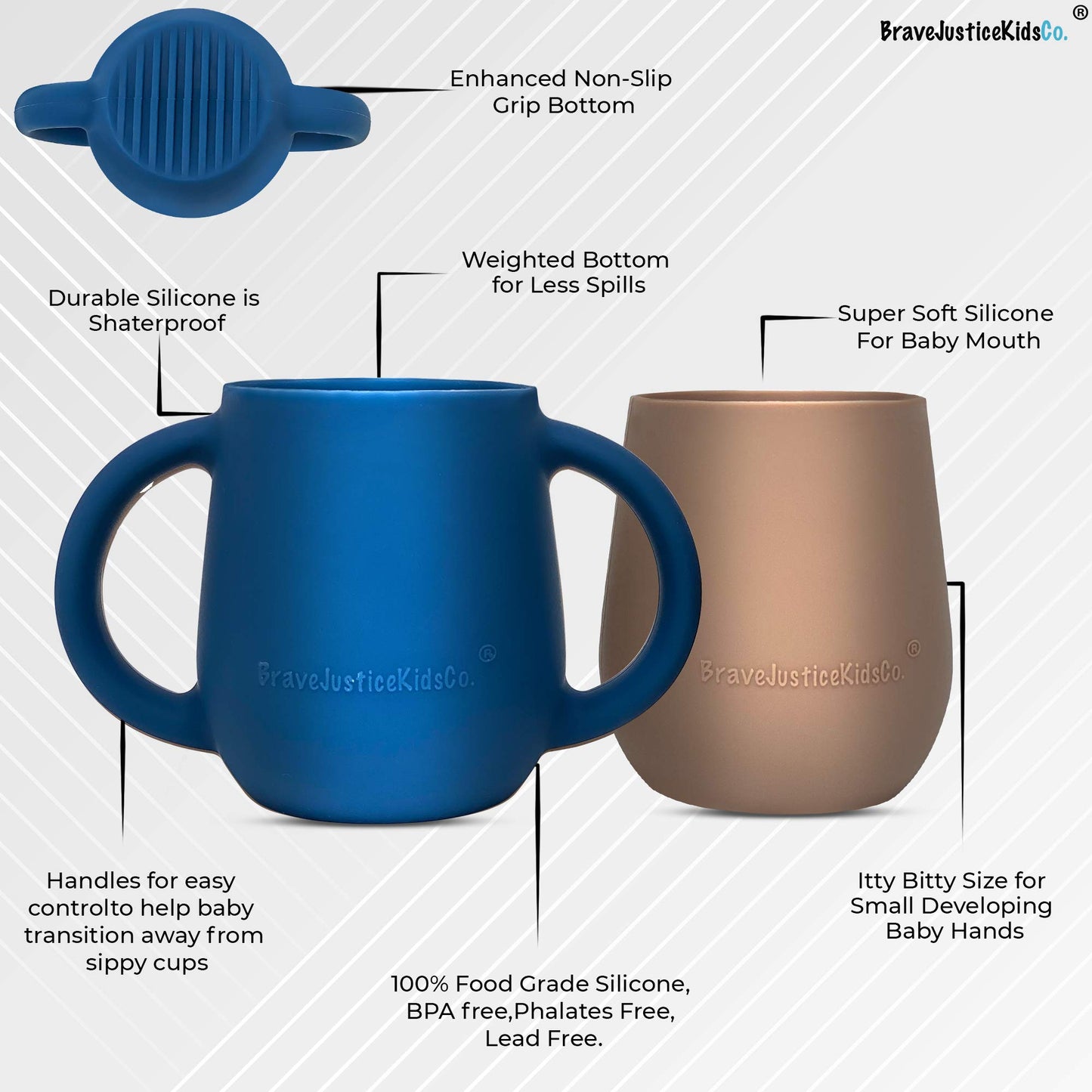 Bravejusticekidsco. | Teenie Tiny Silicone Developmental Baby-Led Weaning Drinking Cups (2 Pack) (Warm Taupe And Blue Fusion)
