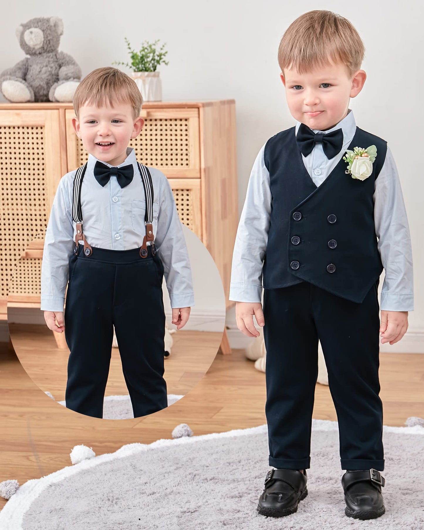 Yallet Toddler Baby Boy Clothes Suit Gentleman Wedding Outfits, Formal Dress Shirt+Bowtie+Vest+Boutonniere+Suspender Pants(V Nav