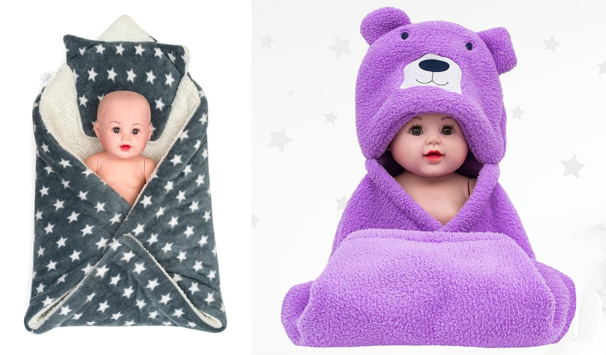 CTMKIDS Baby Wrap with Cushion Cap for Kids 74x84 cm  Grey & Baby Hooded Cum Wrap Blanket for Kids 92x66 cm  Purple