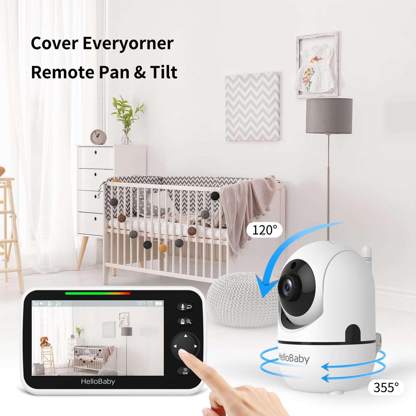 Hellobaby Hb6550 5' Baby Monitor 3 Cameras, 26-Hour Battery, Pan-Tilt-Zoom,1000Ft Range Video Audio Baby Monitor No Wifi, Eco,