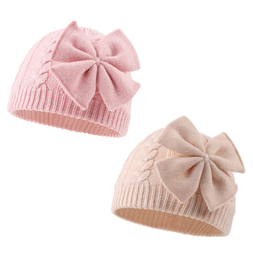 Winter Warm Knitted Baby Hat For Girls Cotton Lined Infant Toddler Girls Hat Autumn Cute Bow Classic Girls Beanie 0-6Y (Pink+Bei