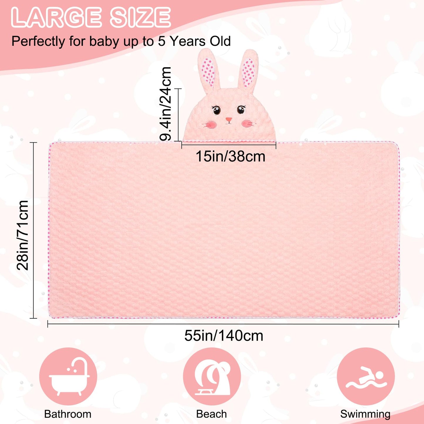 FIOBEE Toddler Bath Towel with Hood Baby Towels, 55x28 inch Large Soft Absorbent Kids Hooded Towels for 1-5 Years Old Baby Girls