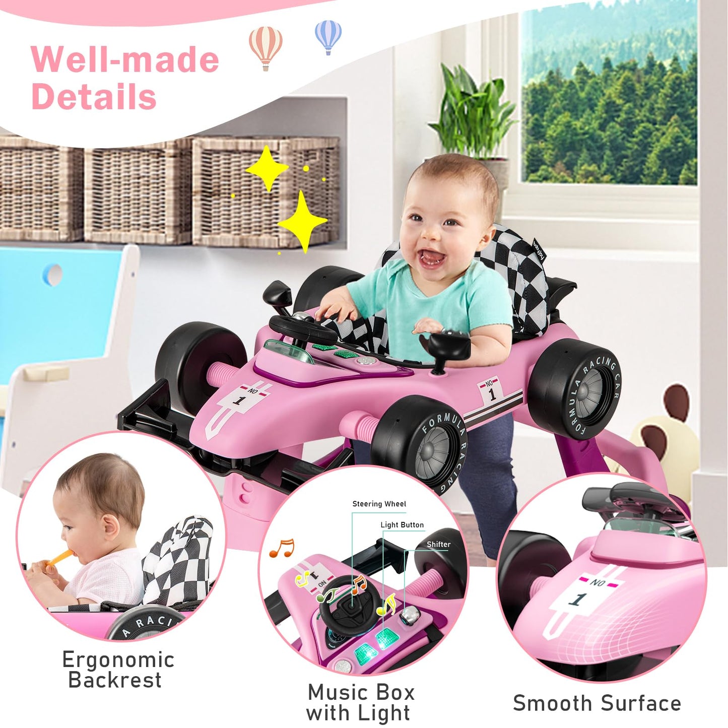Baby Joy 4-In-1 Baby Walker, Foldable Activity Walker With Adjustable Height & Speed, Music, Lights, Steering Wheel, Comfy Seat