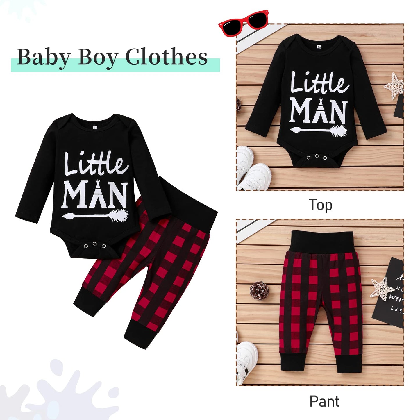 Newborn Baby Boy Girl Clothes Little Man Long Sleeve Romper,Plaid Pants + Cute Hat 3Pcs Outfit Set (A-Black,3-6 Months)