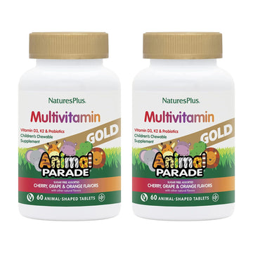 Natures Plus Animal Parade Gold Children'S Multivitamin - Assorted Cherry, Orange & Grape Flavors - 60 Chewable Tablets, Pack Of