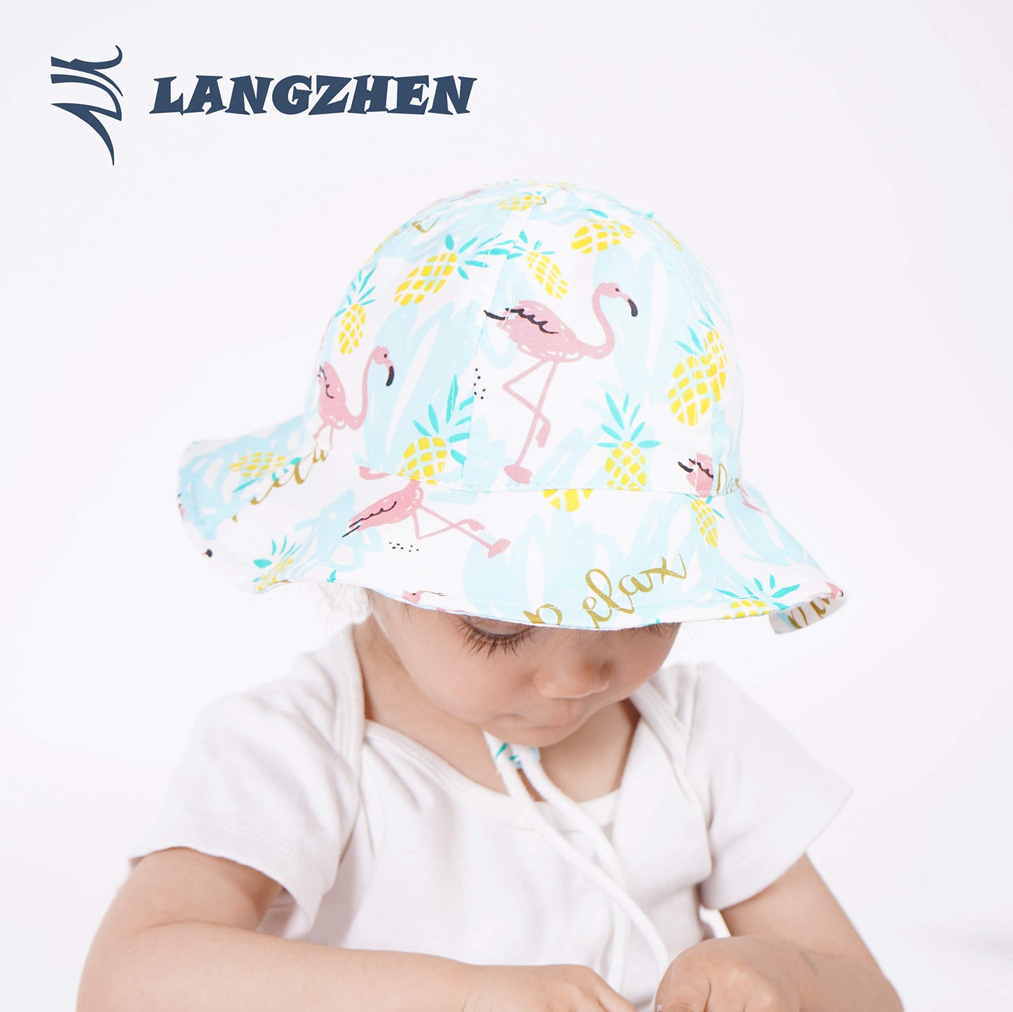 Langzhen Sun Hat For Baby Girls Adjustable Toddler Kids Sun Protection Hat Wide Brim Summer Outdoor Hat With Chin Strap (Flaming